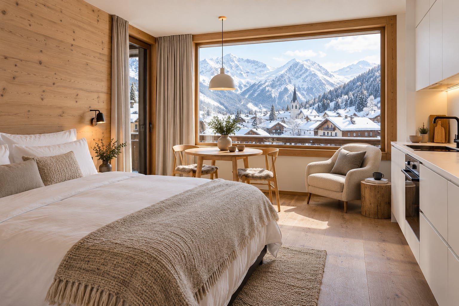 Illustrative bright compact studio with a kitchenette and snowy village outlook